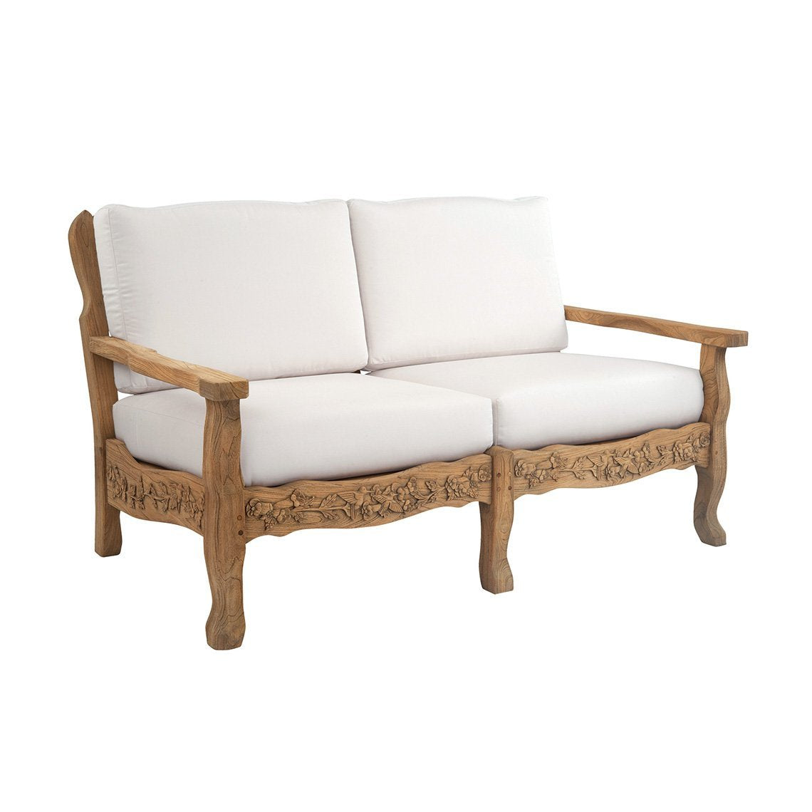 Kingsley Bate Normandy distressed teak settee with white cushions
