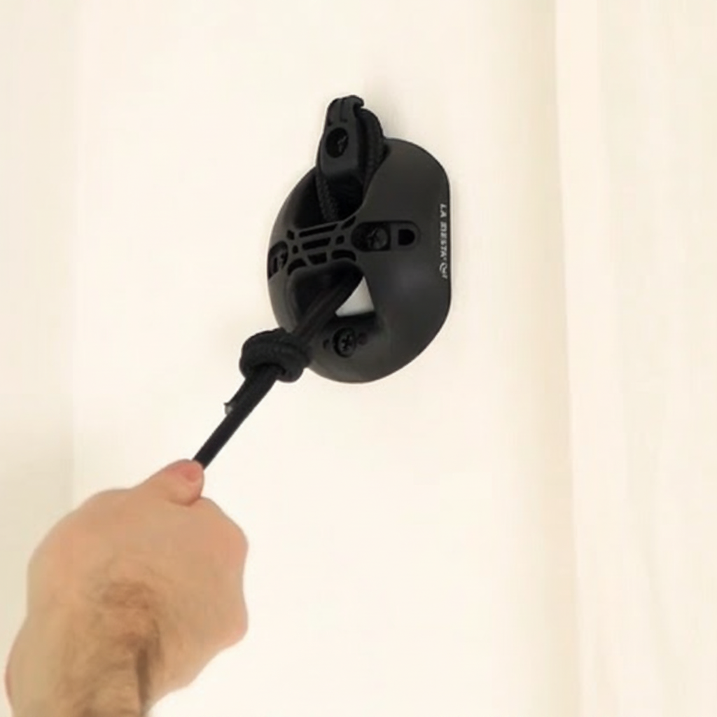 Tightening a La Siesta FlexMount rope on a black wall mount