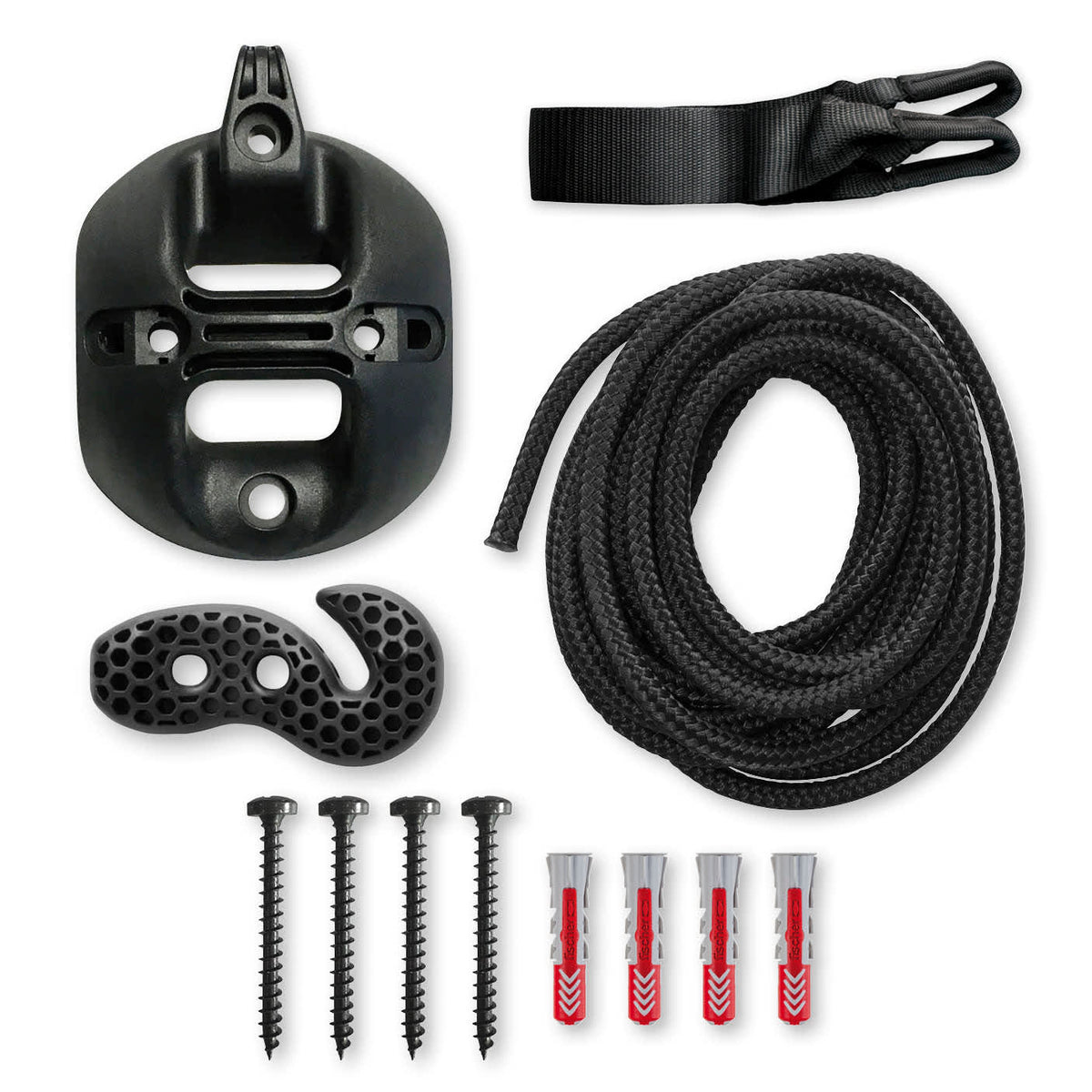 La Siesta FlexMount 1point suspension set contents: rope, hook, mount and hardware