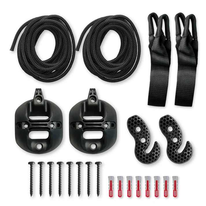 La Siesta FlexMount 2point suspension set contents: ropes, hooks, mounts and hardware