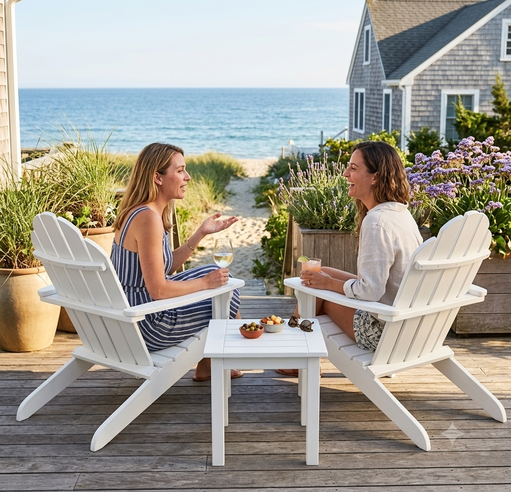 Two women sitting in white Adirondack-style outdoor chairs on a wooden deck, talking near a small white table. The setting is a beachfront patio with ocean, plants, flowers, and a house in the background.