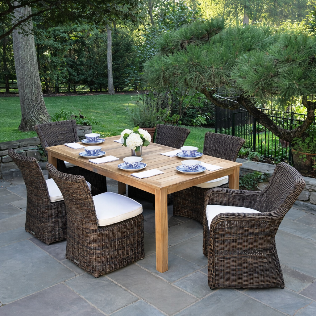 Kingsley Bate Sag Harbor Wicker and Wainscott Teak 7 Piece Dining Ensemble