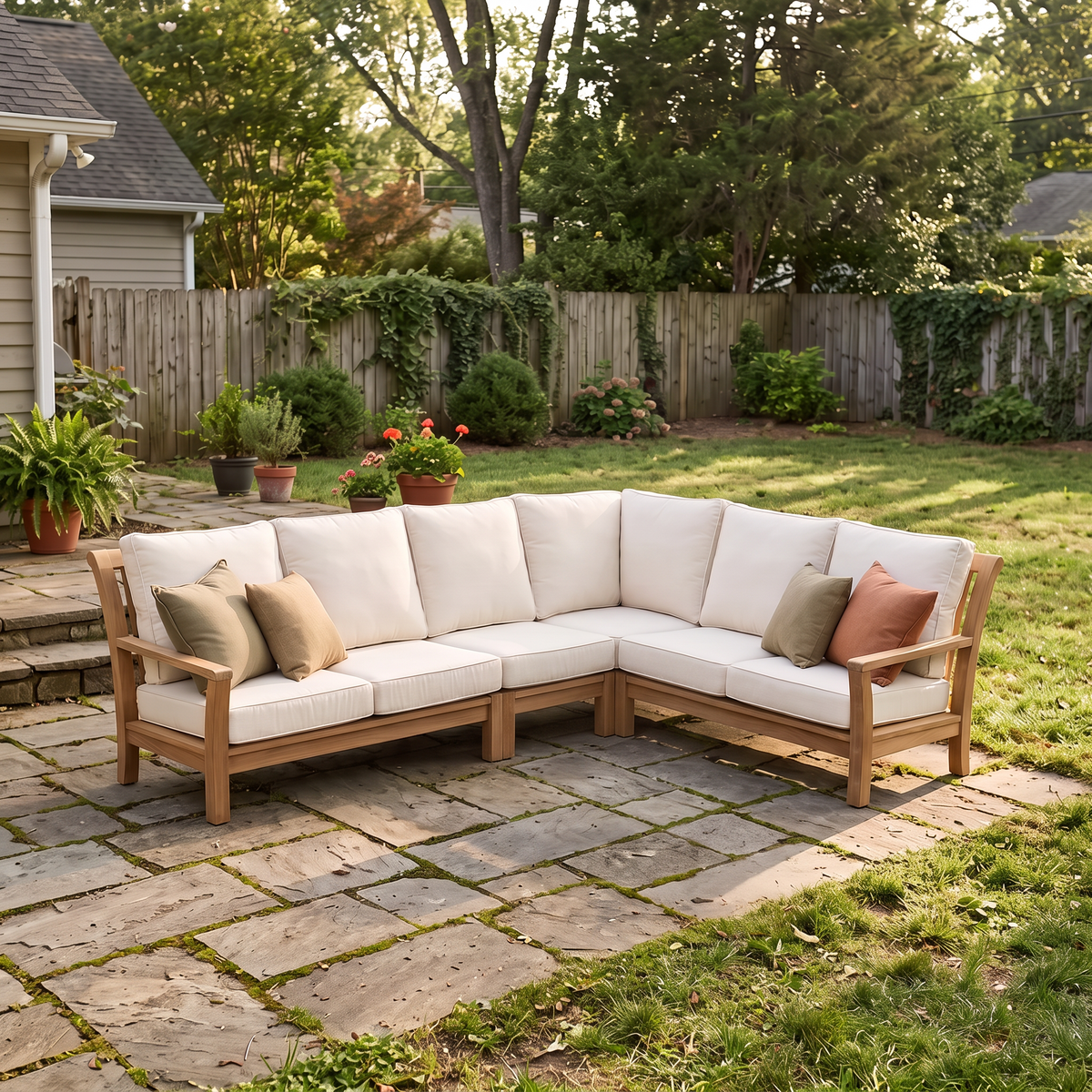 Kingsley Bate Chelsea L-shaped teak sectional with white cushions on a backyard patio