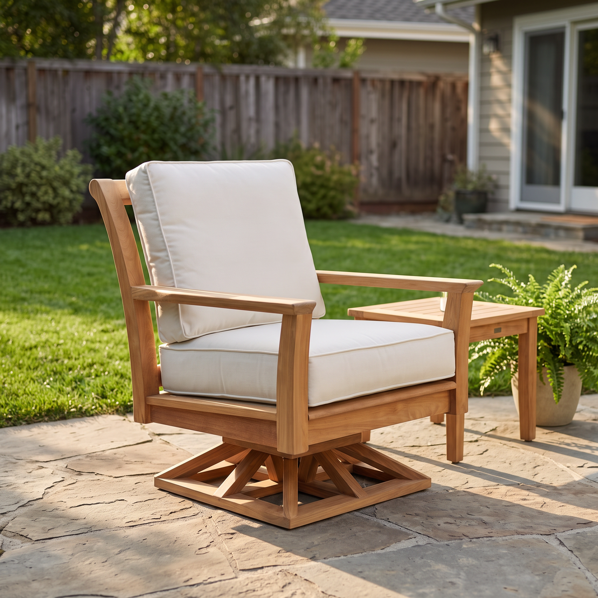 Kingsley Bate Chelsea teak swivel rocking chair with white cushions on a backyard patio