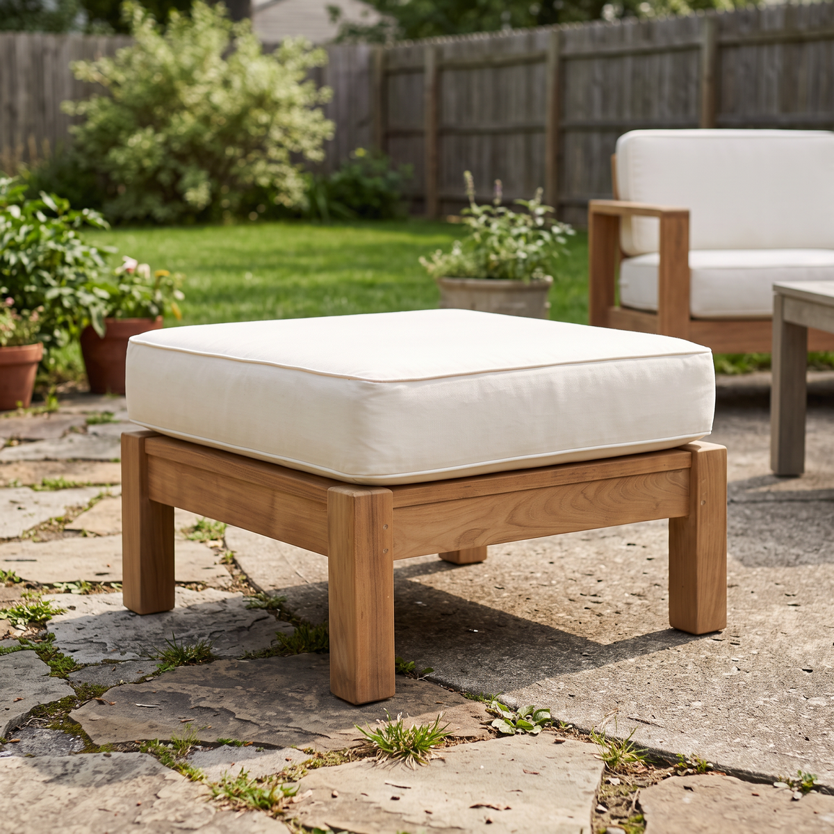 Kingsley Bate Chelsea teak sectional ottoman with white cushion on a backyard patio