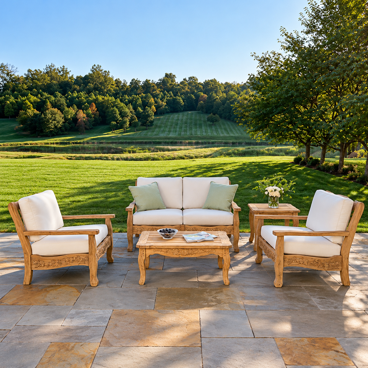 Kingsley Bate Normandy distressed teak 5-piece deep seating ensemble on a terrace