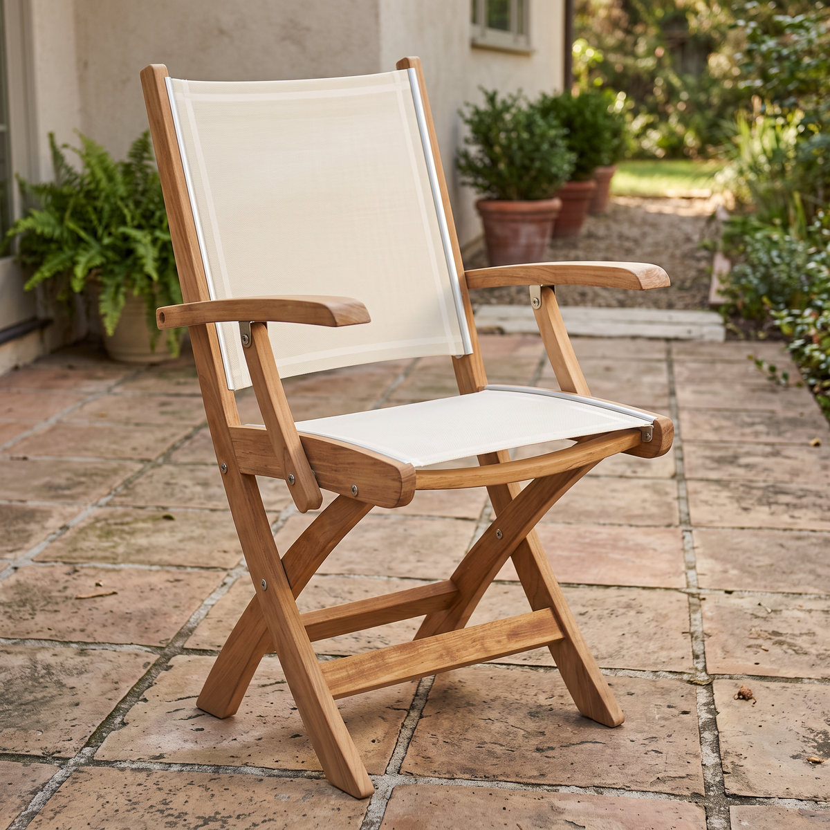 Kingsley Bate St. Tropez Teak Sling Dining Armchair (Folding) - Quick Ship