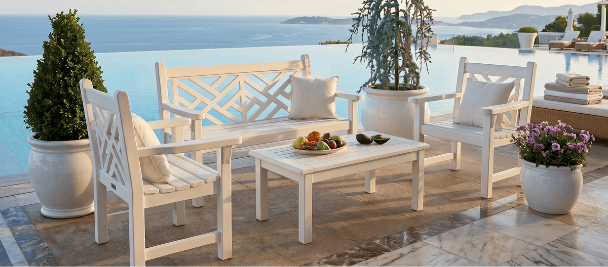 Chippendale seating beside an infinity pool