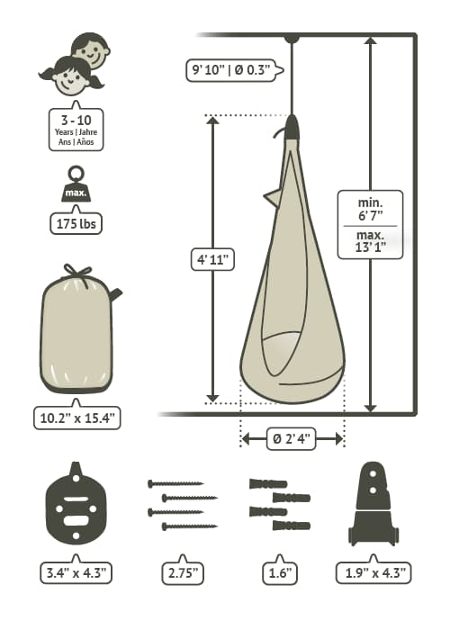 La Siesta Joki kids hanging nest dimensions, age range and 175 lb capacity diagram