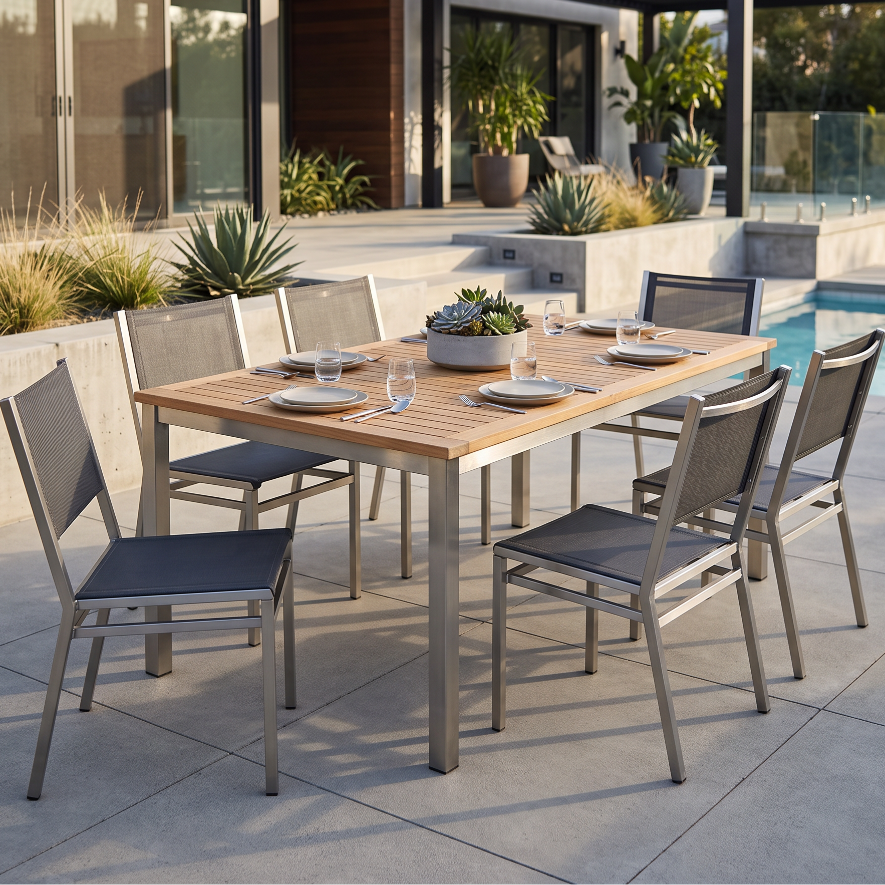 Barlow Tyrie Equinox Stainless Steel and Teak 59"L Rectangle Dining Table