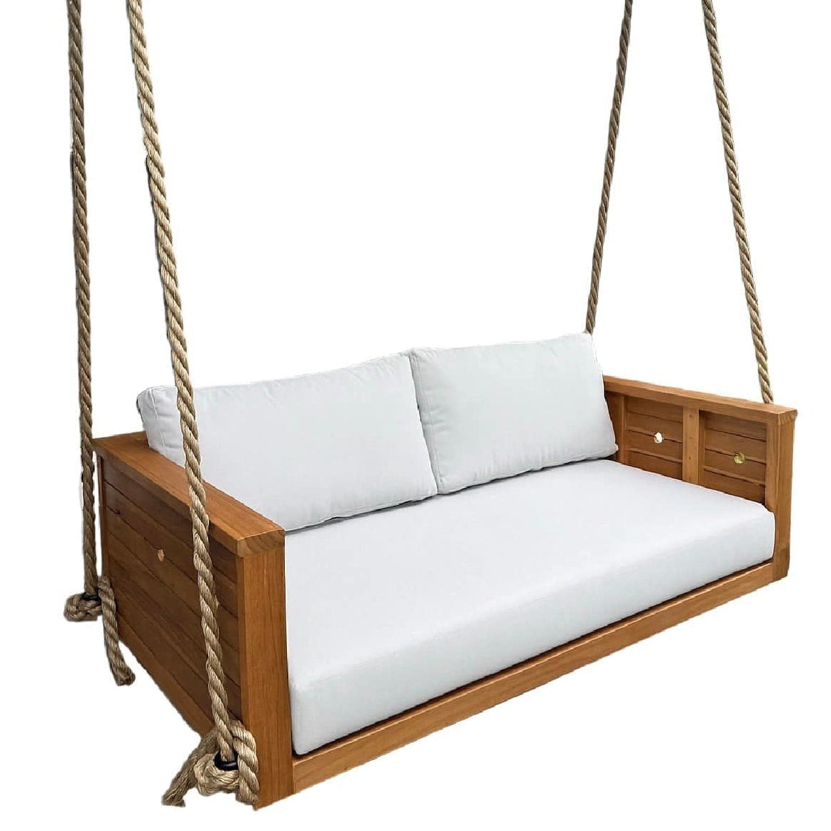 Wooden swing with white cushions on a white background