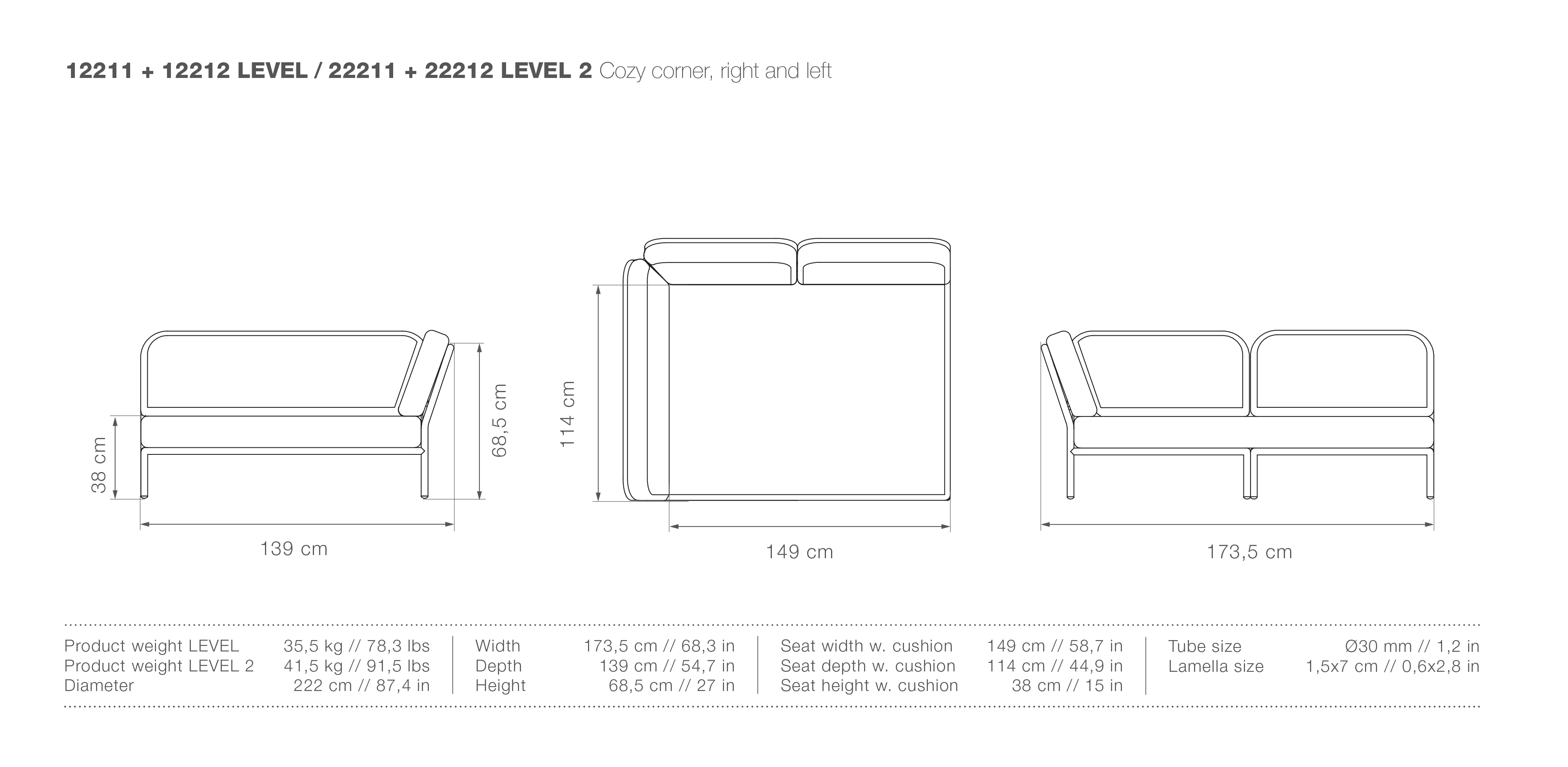 Level Left Facing Cozy Corner Sofa measurements