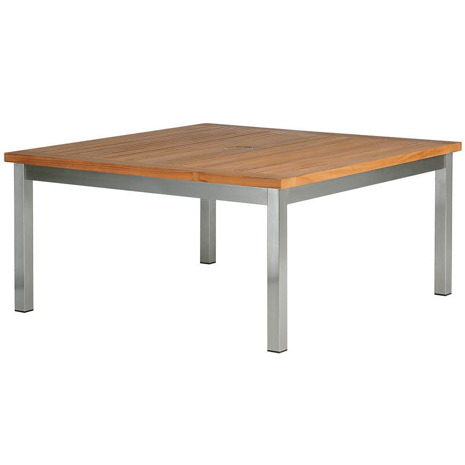 Square wooden table with metal legs on a white background