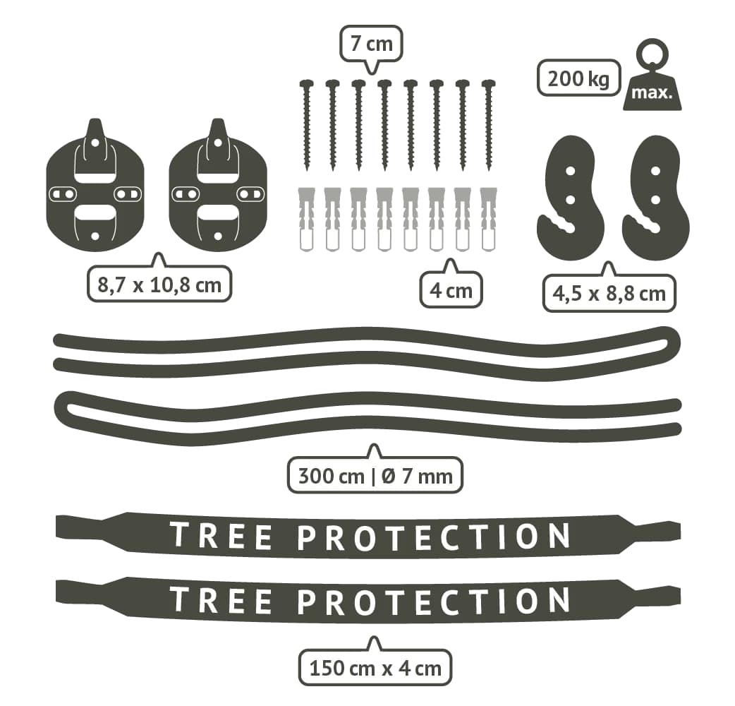 La Siesta FlexMount 2point suspension set components with dimensions
