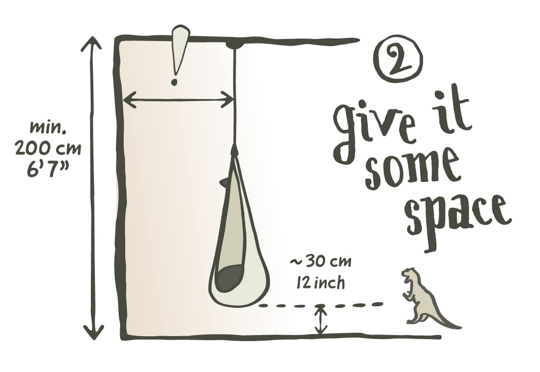 La Siesta Joki hanging diagram: 6 ft 7 in minimum height, about 12 in off the floor