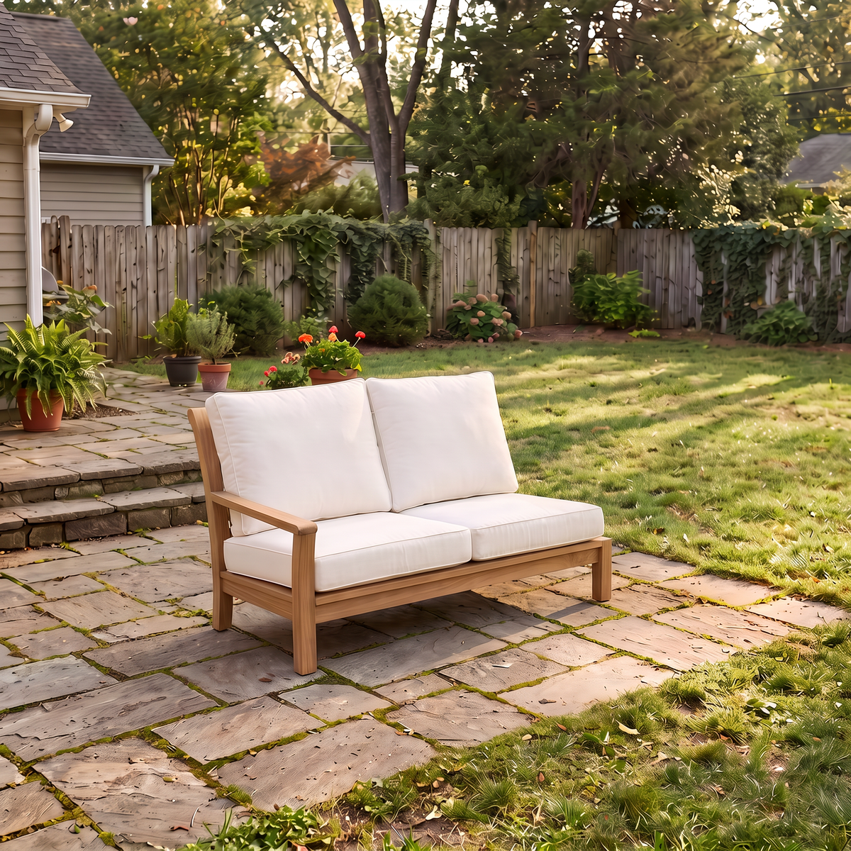Kingsley Bate Chelsea teak sectional left arm facing settee with white cushions on a backyard patio