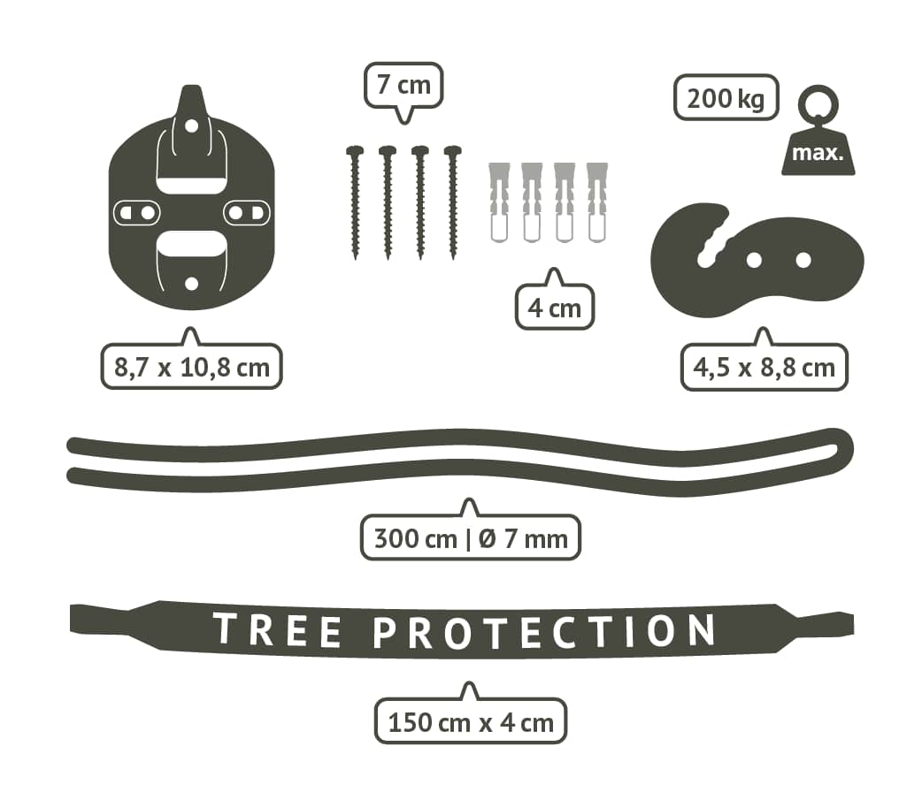 La Siesta FlexMount 1point suspension set components with dimensions
