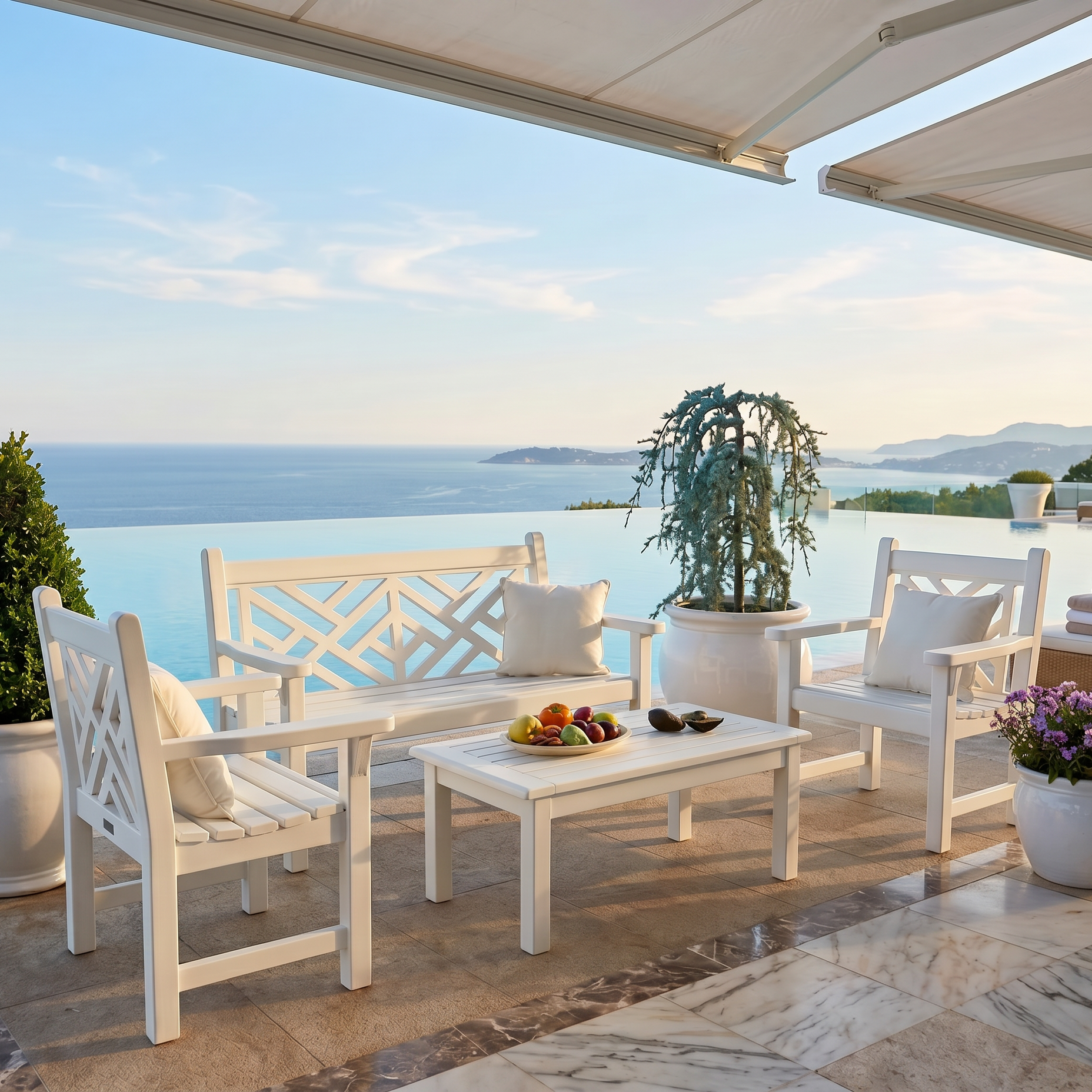 Outdoor patio set with white furniture and a table, overlooking a scenic view of water and mountains.