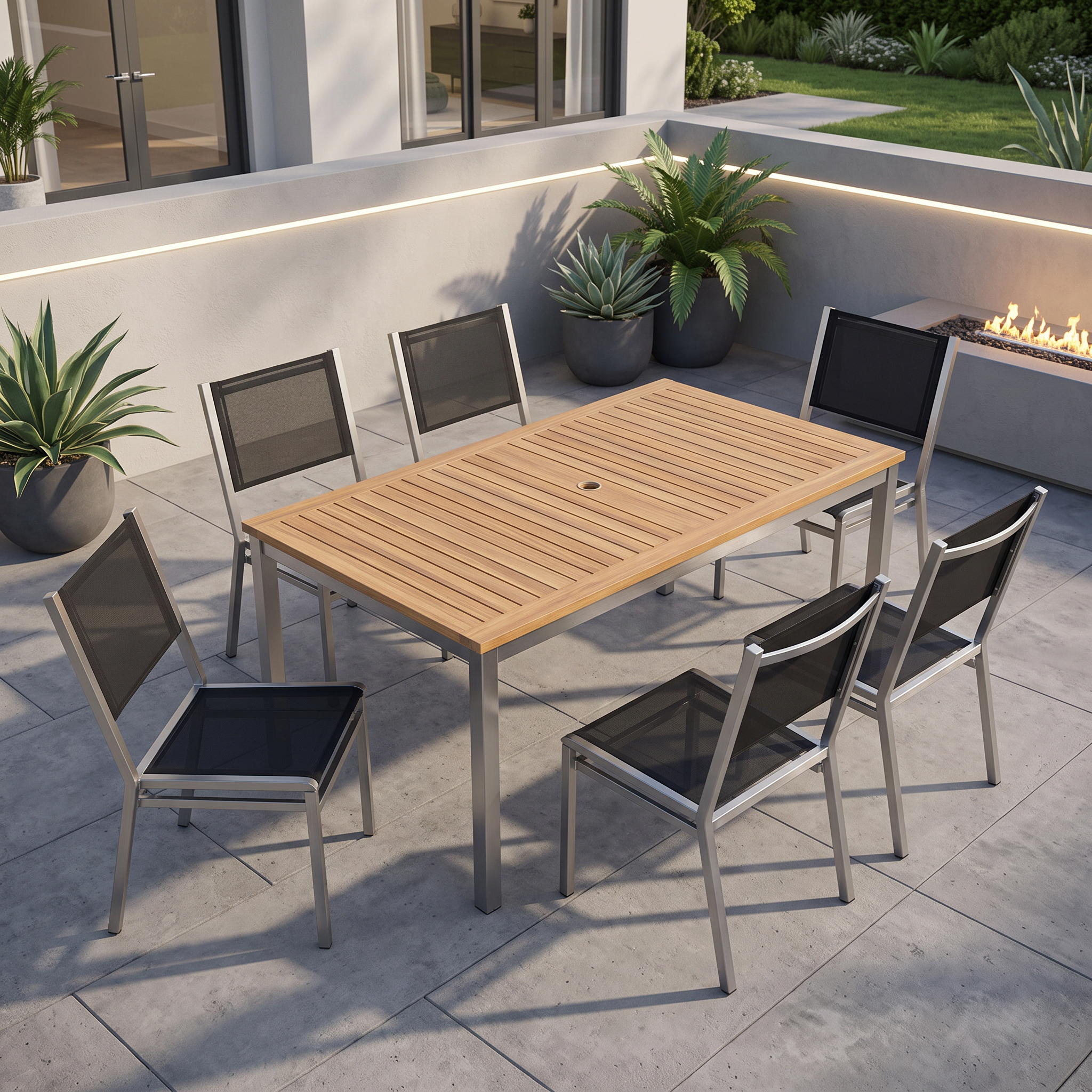 Barlow Tyrie Equinox Stainless Steel and Teak Rectangle Extending Dining Table