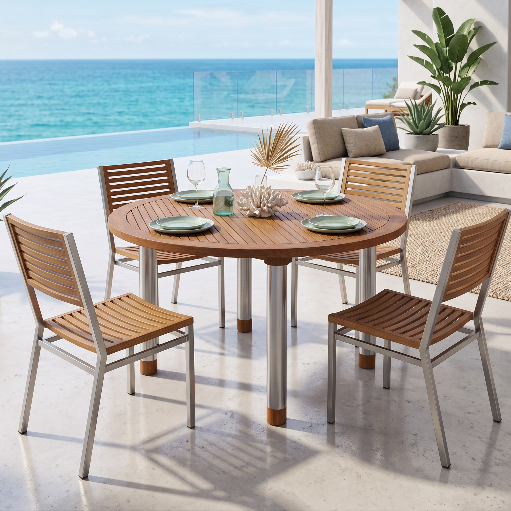 Barlow Tyrie Equinox Stainless Steel and Teak 71" Round Dining Table