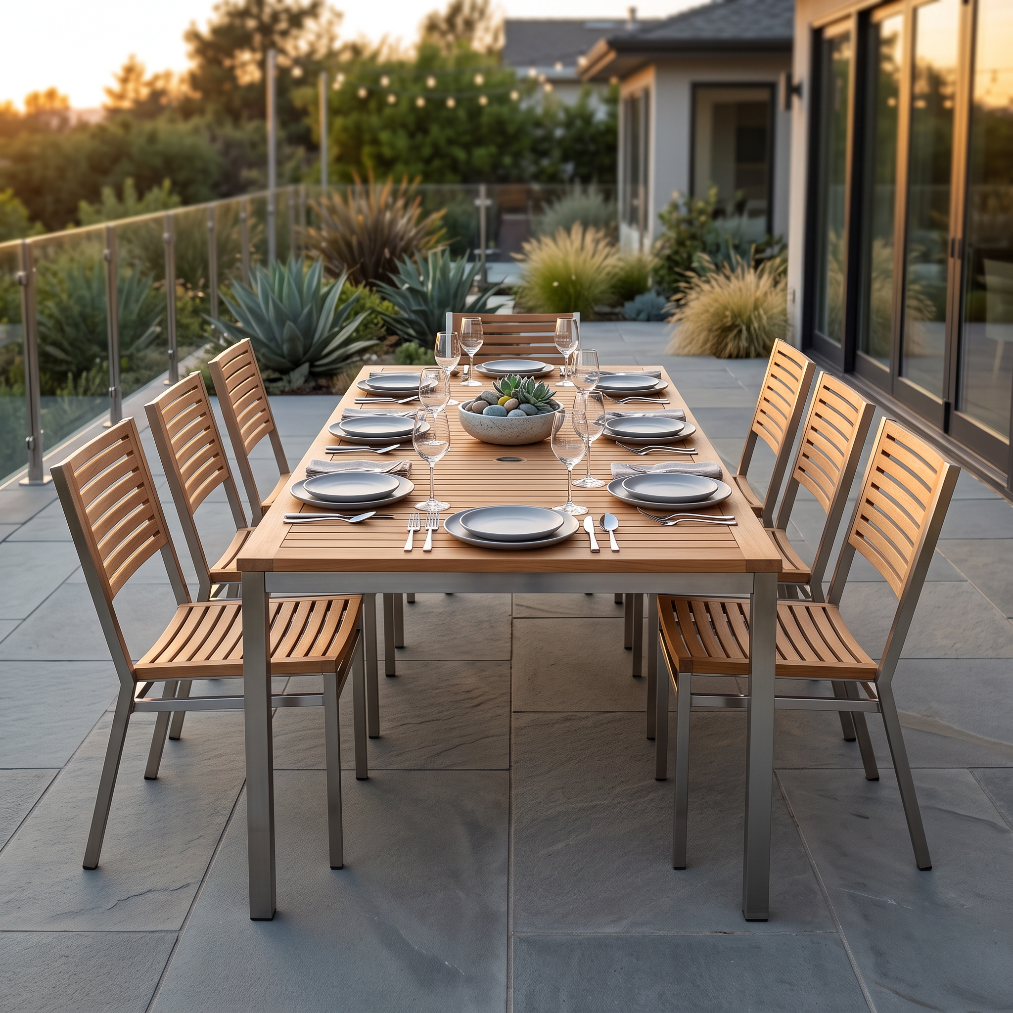 Barlow Tyrie Equinox Stainless Steel and Teak 85"L Retangular Dining Table