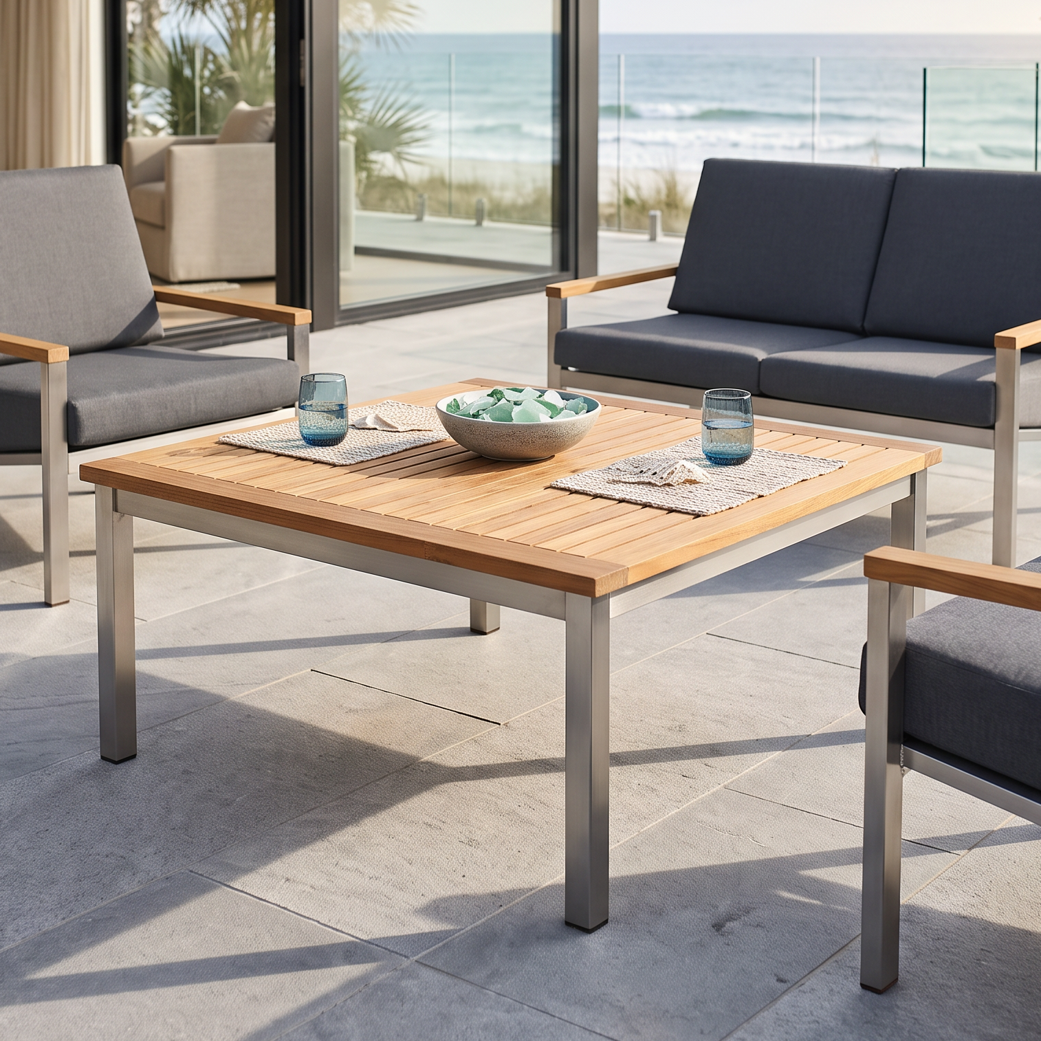 Barlow Tyrie Equinox Stainless Steel and Teak 39" Square Conversation Table