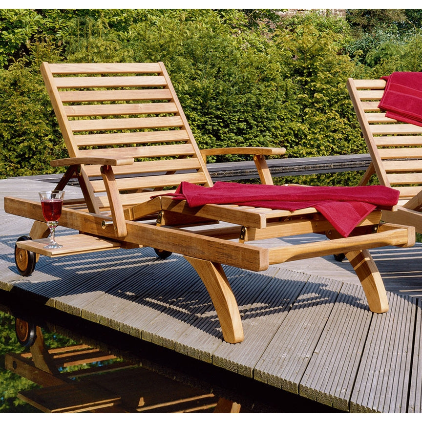 Barlow Tyrie Capri Teak Ultra Sun Chaise Lounge with Wheels and Pull-out Tray