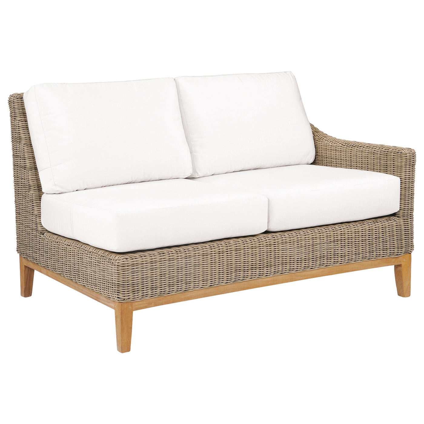 Wicker settee with white cushions and wooden legs