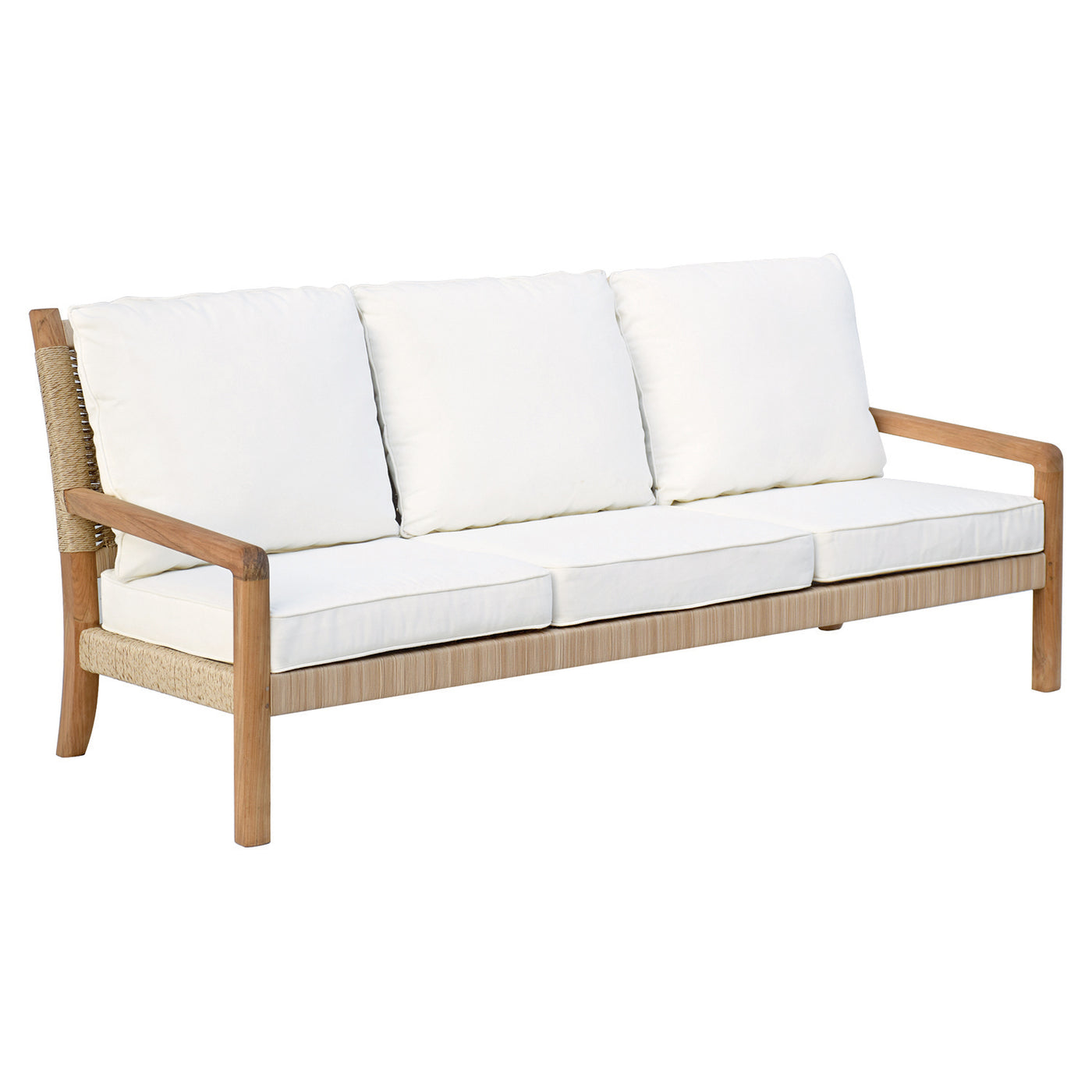 Rattan sofa with white cushions and wooden frame