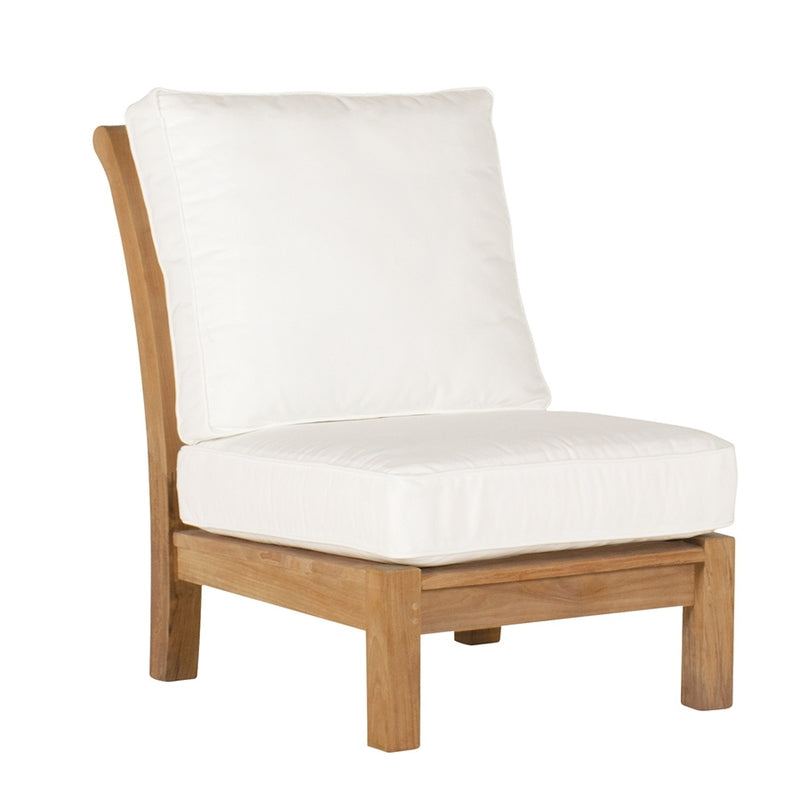 Teak armless chair with white cushion