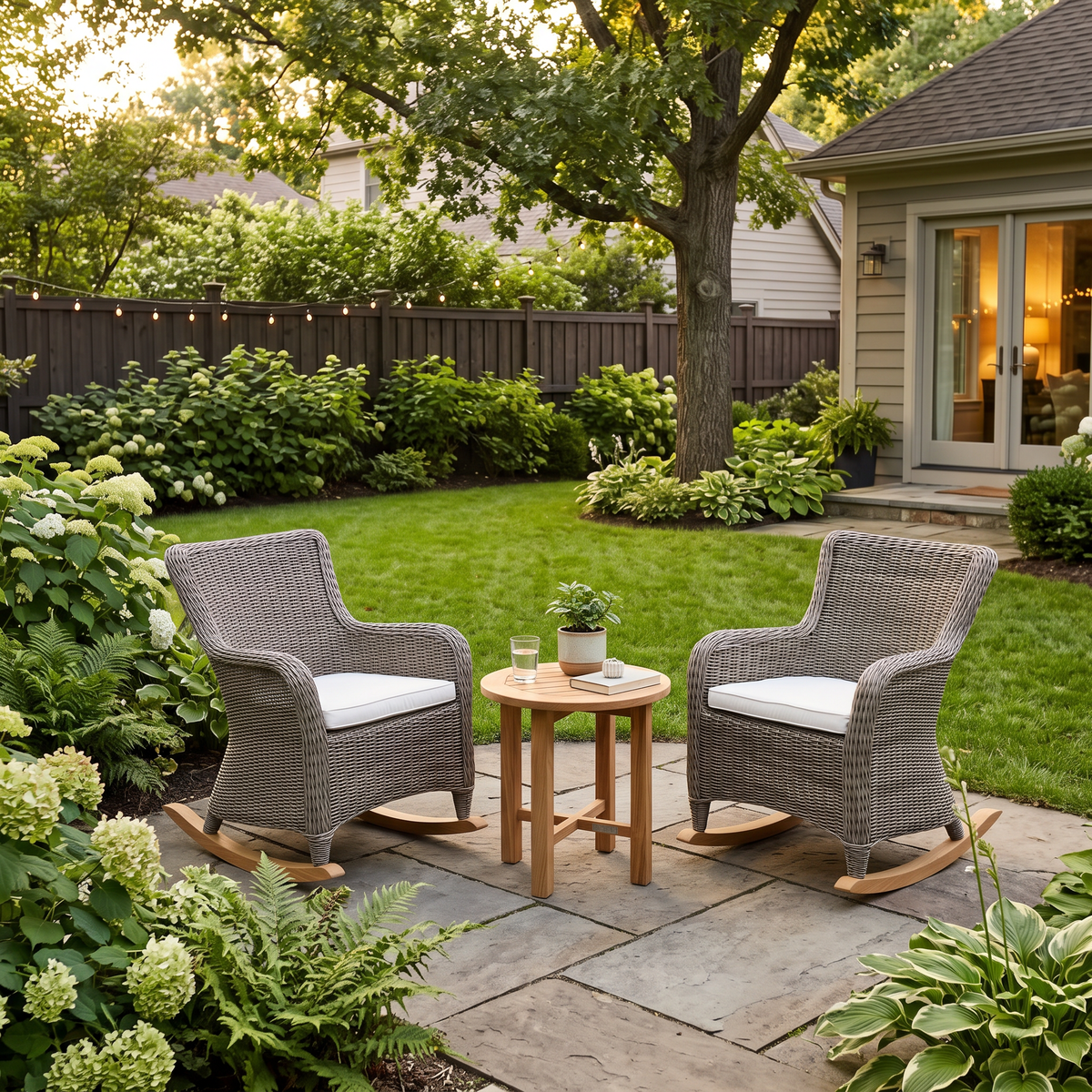 Kingsley Bate Sag Harbor wicker rocking chairs and a teak side table in a backyard garden