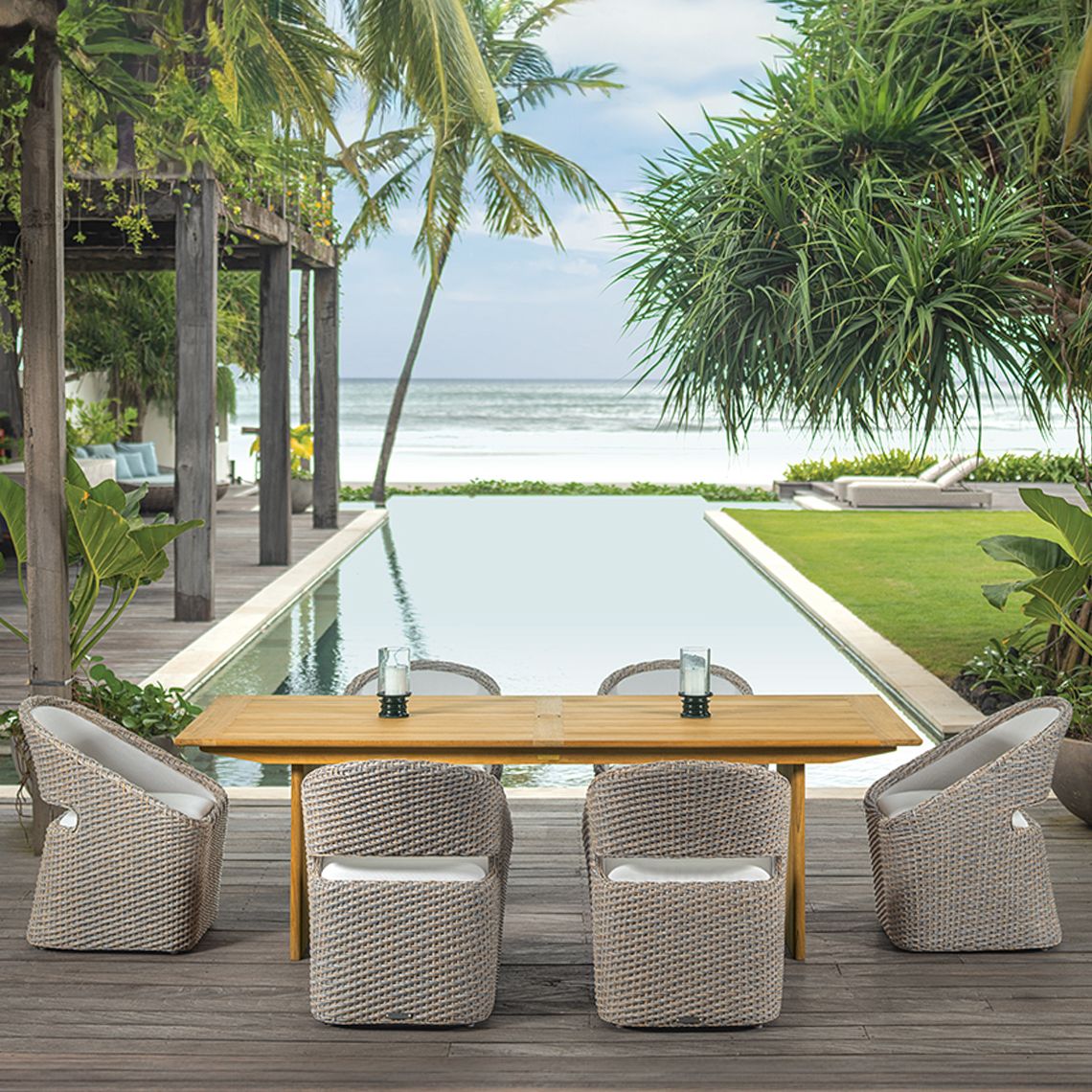 Kingsley Bate Biscayne Wicker and Cortona Teak 7 Piece Dining Ensemble