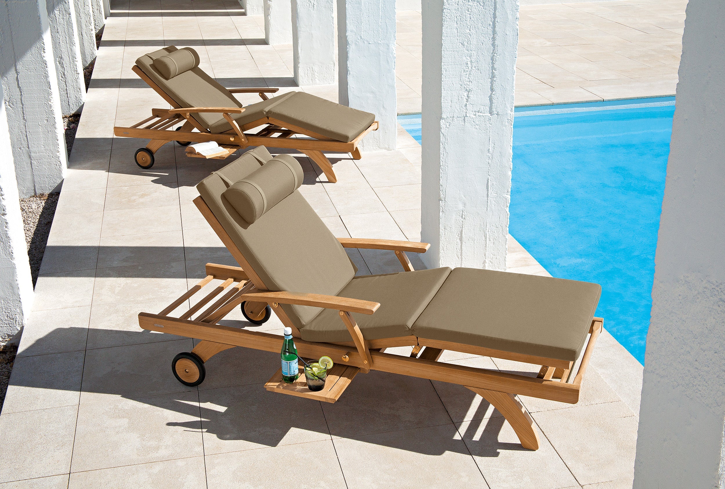 Barlow Tyrie Capri Teak Ultra Sun Chaise Lounge with Wheels and Pull-out Tray