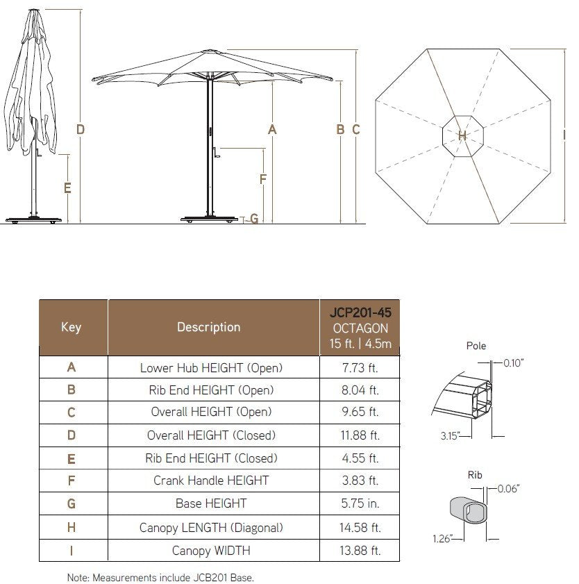 Jardinico JCP.201 Crank Lift 15' Centerpost Umbrella and Base Specifications