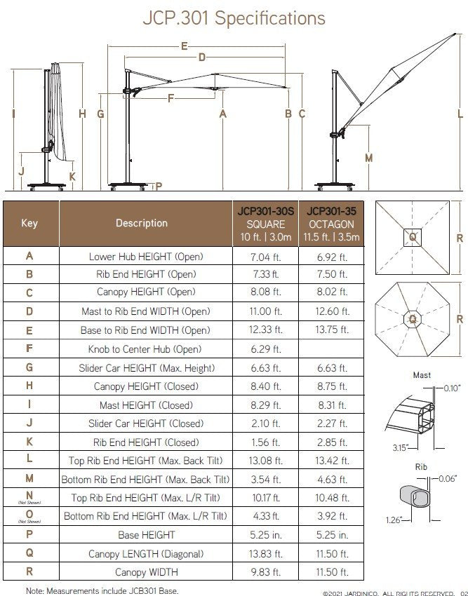 Jardinico JCP.301 Square 10' Sidepost Umbrella Specifications