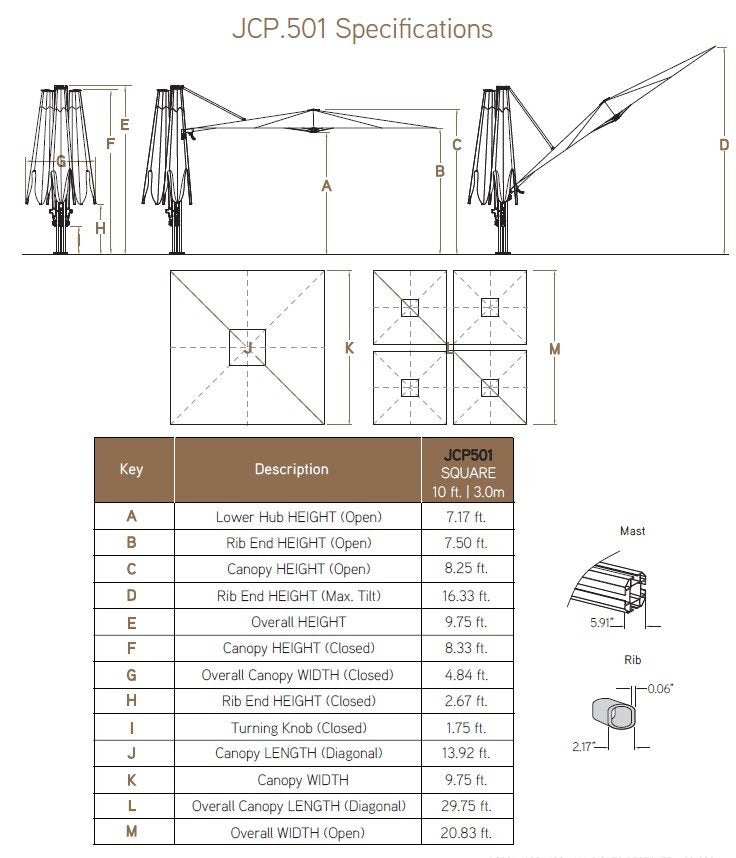 Jardinico JCP.501 Square 10' Quad Sidepost Umbrella Specifications
