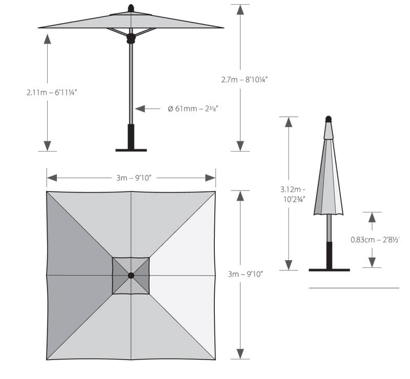 Barlow Tyrie Napoli 10' Square Telescopic Umbrella Measurements